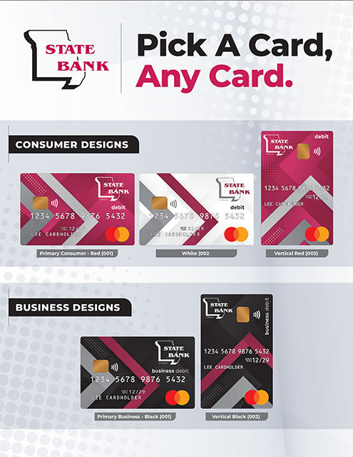 Pick A Card, Any Card. Consumer and Business debit card design infographic.